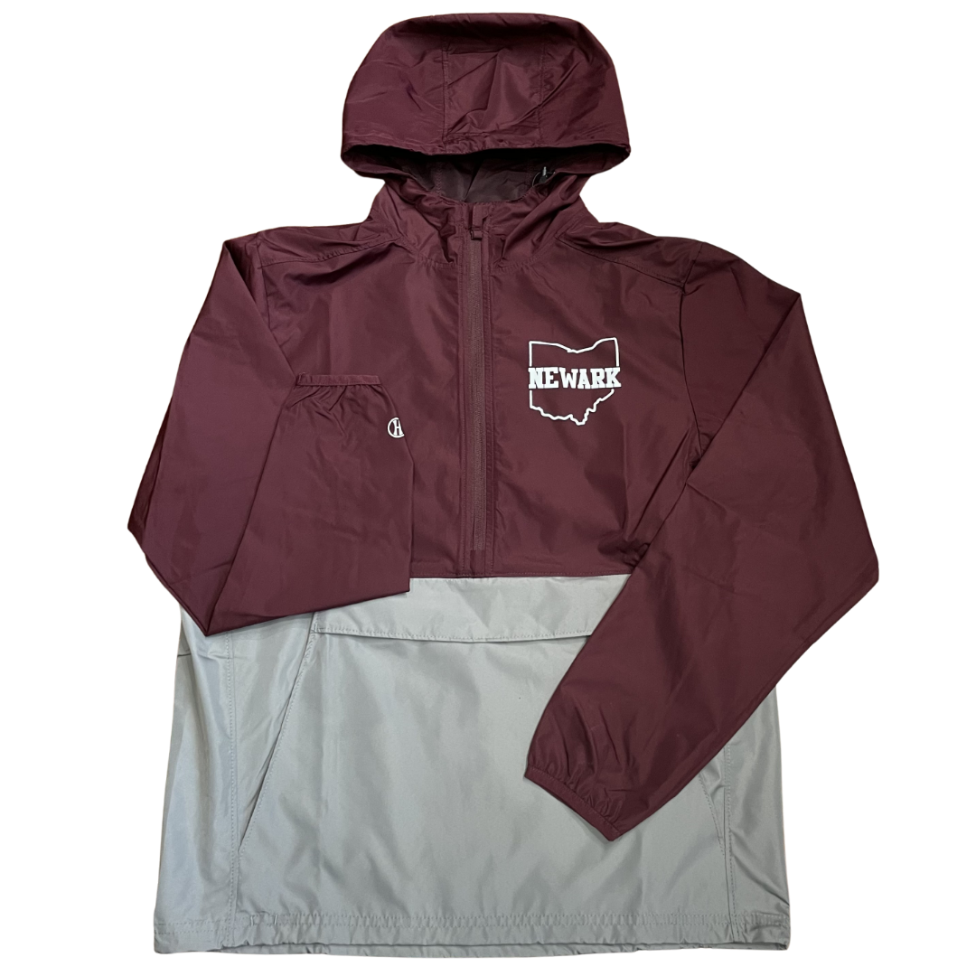 Maroon and gray windbreaker with an Ohio outline graphic on the chest and the word NEWARK through the middle of it