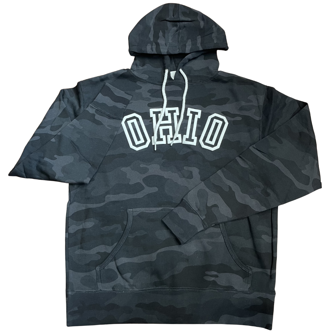 Camo black hoodie with white draw strings and a white puffed, block OHIO print across the chest.
