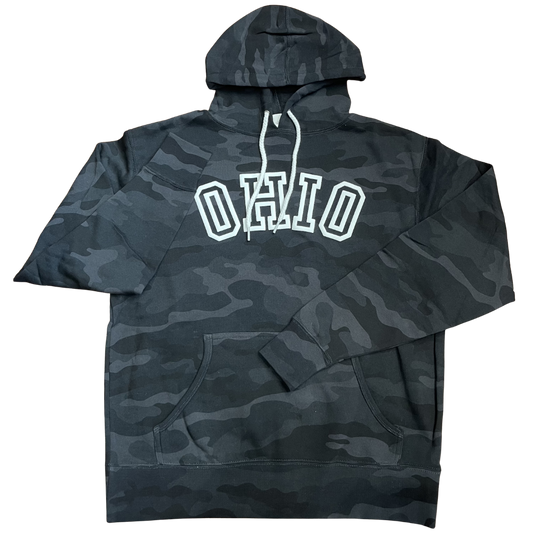 Camo black hoodie with white draw strings and a white puffed, block OHIO print across the chest.