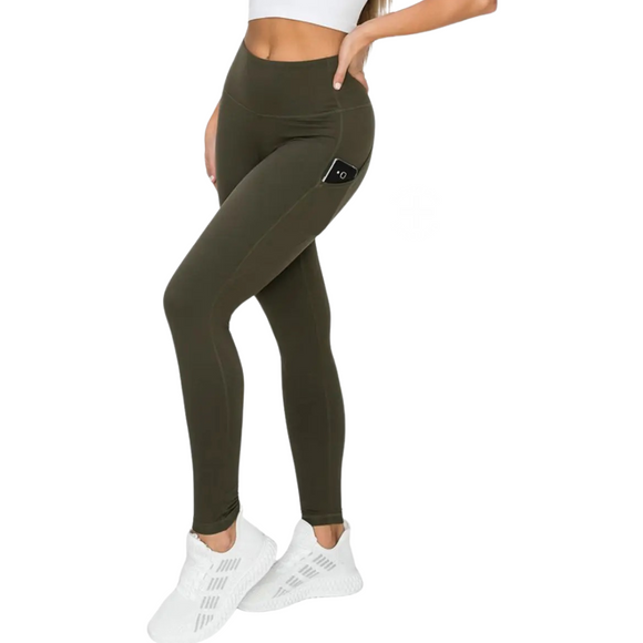 High Waist Long Yoga Pants with Side Pockets OLIVE